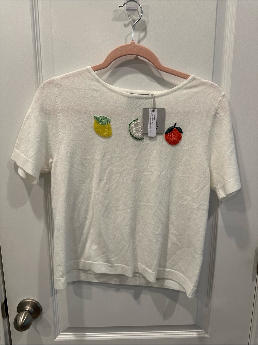 Cream Short Sleeve Crewneck Sweater with Fruit Appliqués